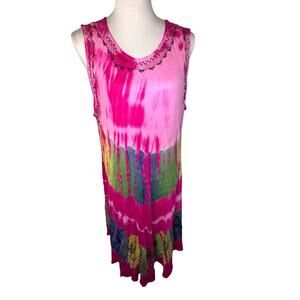 In Gear Resort tie-dye asymmetric embroidered sleeveless bohemian midi dress OS